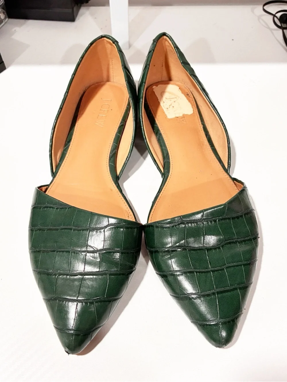 J. Crew Croc-Embossed Pointed Slip-Ons in Academic Green Size 7